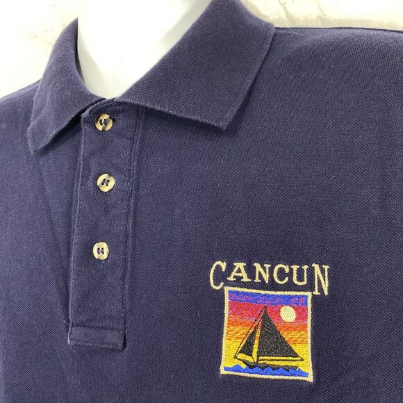 Vintage Le Best Cancun Embroidered Men’s Size Large Navy Blue Short Sleeve Polo - Picture 2 of 11